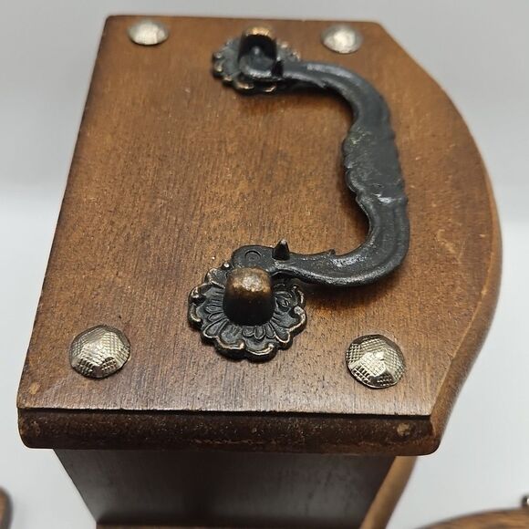 Vintage Mid-Century Modern Wooden Coaster Set of 8 with Holder Bronze Handle - Picture 15 of 16